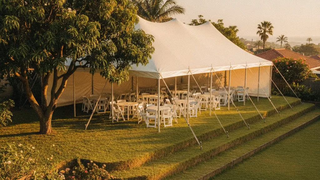 Peg-and-pole marquee with tables and chairs in a terraced Chatsworth backyard at golden hour