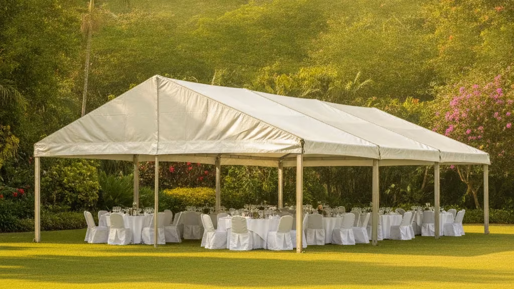 White clear-span frame marquee set with round tables on a KwaZulu-Natal garden lawn