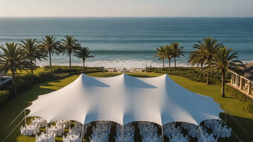 White stretch tent set with round tables on a coastal lawn overlooking the ocean on the KZN North Coast
