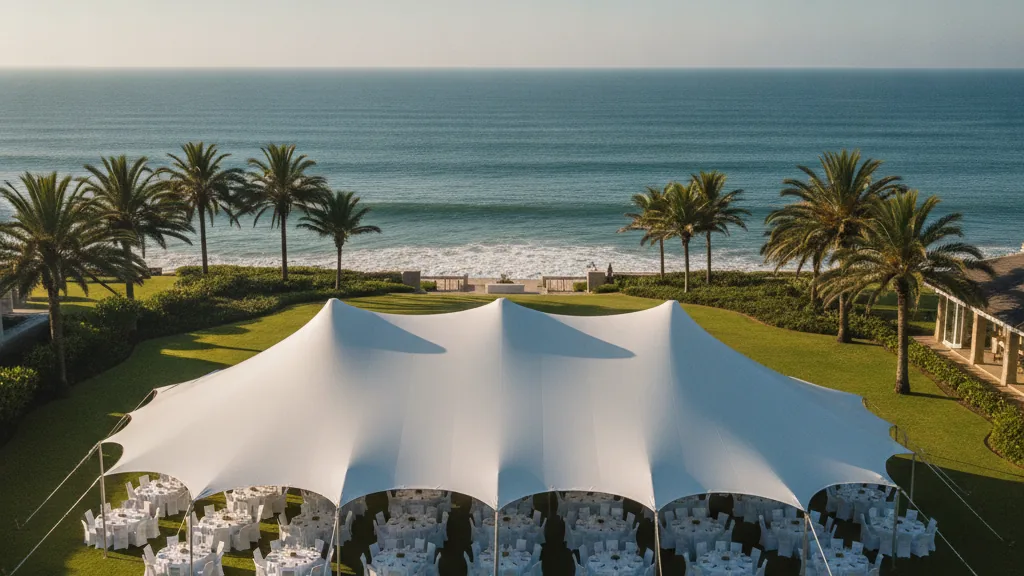 White stretch tent set with round tables on a coastal lawn overlooking the ocean on the KZN North Coast