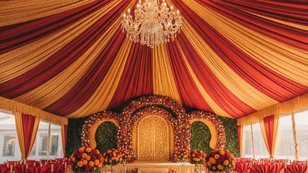 Red and gold draped wedding marquee interior with floral stage and Tiffany chairs for a Phoenix function