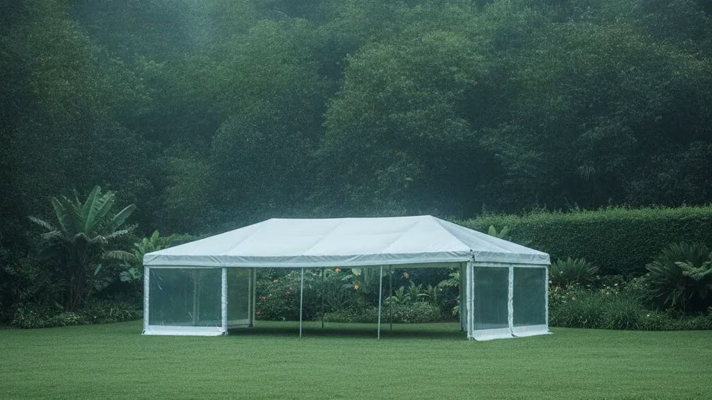 White frame tent with clear sidewalls on a misty inland garden lawn in Pinetown's Upper Highway