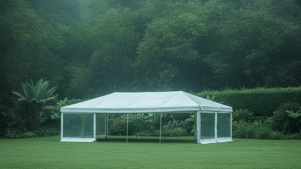 White frame tent with clear sidewalls on a misty inland garden lawn in Pinetown's Upper Highway