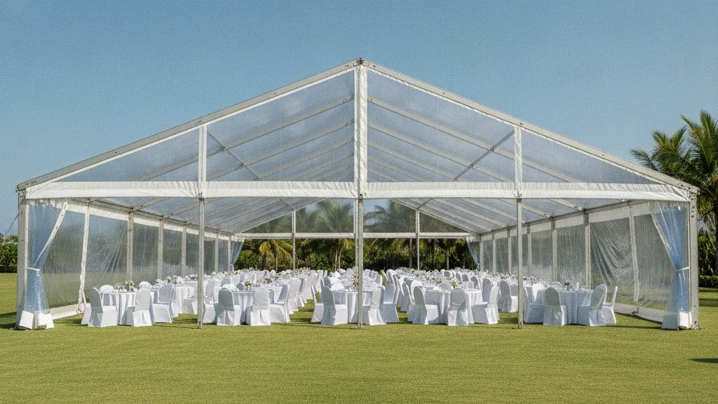 Large white marquee on a lawn with twenty round tables set for a two-hundred-guest function