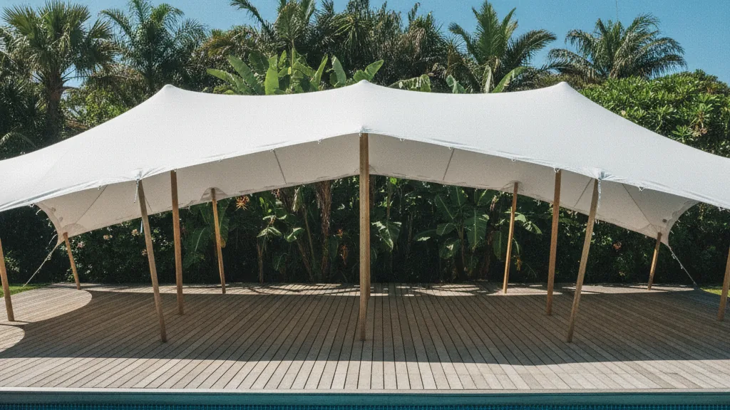 Waterproof white stretch tent tensioned over a timber pool deck in Durban