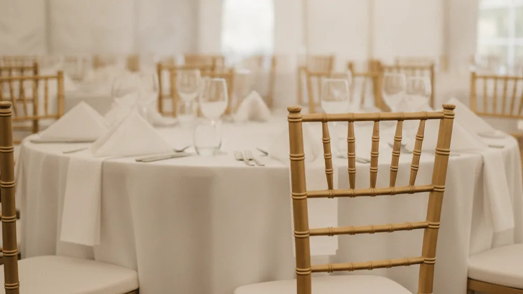 Gold Tiffany chairs at a linen-dressed round table inside a Durban function tent